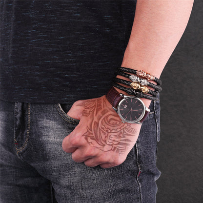 Black Braided Leather Bracelet With Skull for
