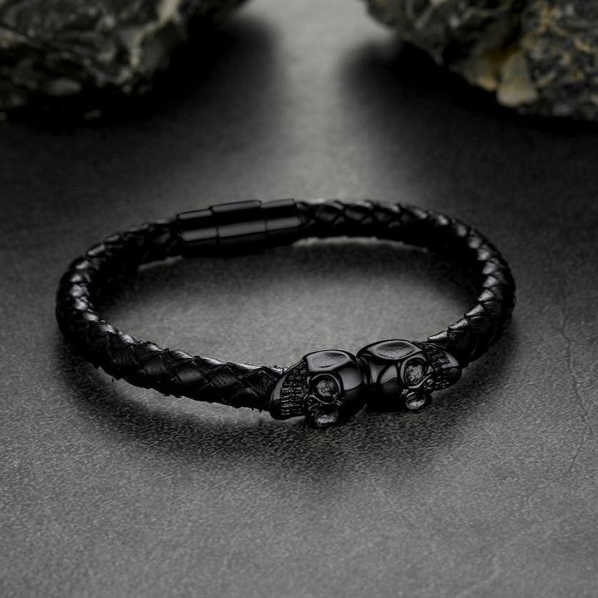 Black Braided Leather Bracelet With Skull for