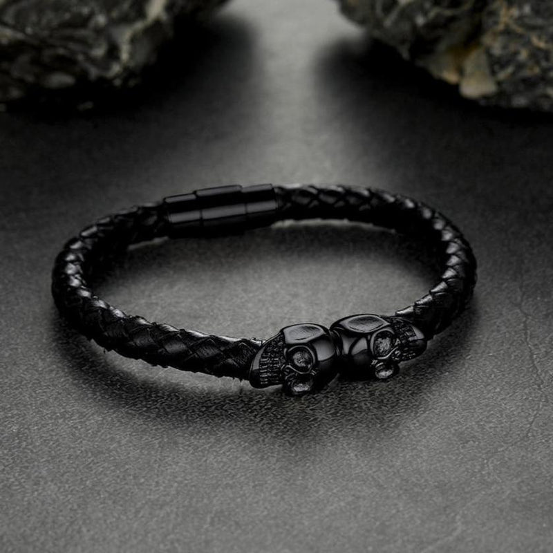 Black Braided Leather Bracelet With Skull for