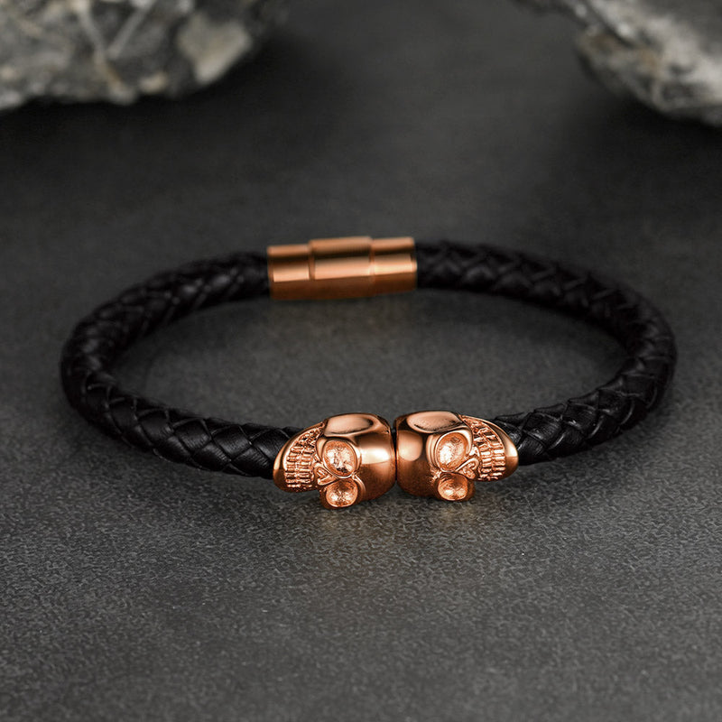 Black Braided Leather Bracelet With Skull for