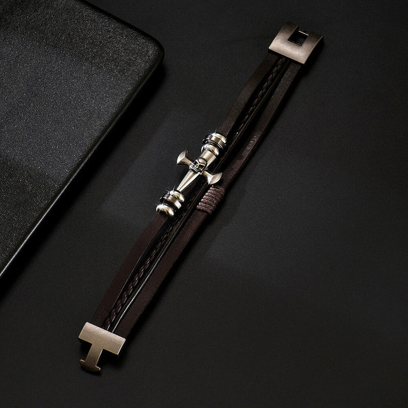 Skull Cross Pu Leather Braided Biker Alloy Bracelet