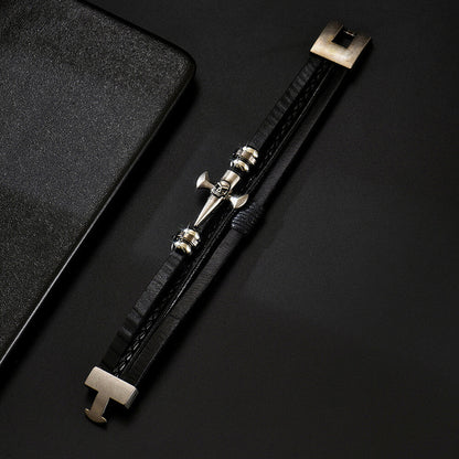 Skull Cross Pu Leather Braided Biker Alloy Bracelet