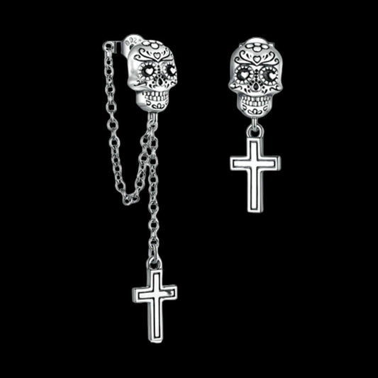 Skull Cross Sterling Silver Asymmetric Stud Earrings