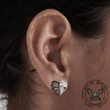 Skull Face Heart Sterling Silver Stud Earrings