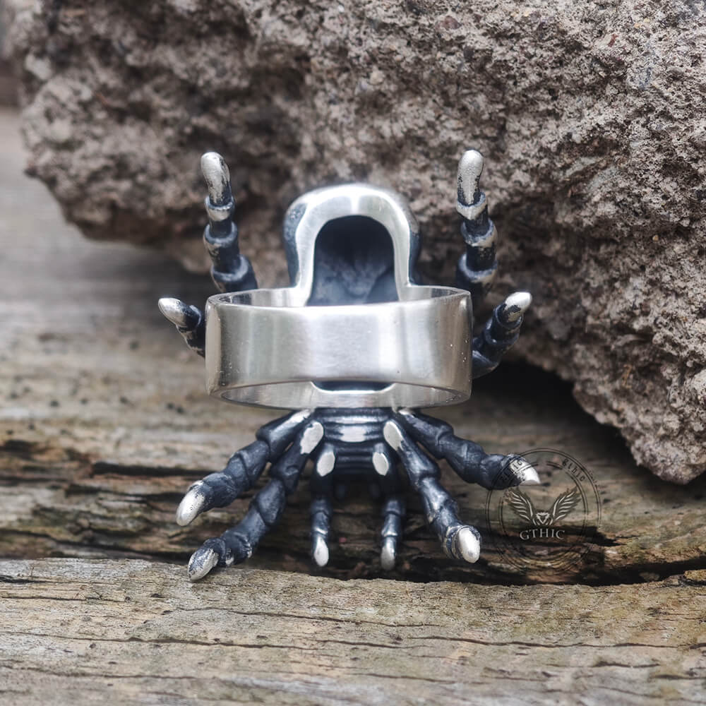 Skull Head Spider Sterling Silver Biker Ring