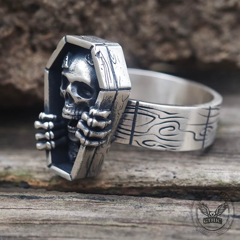 Skull Rose Coffin Sterling Silver Ring