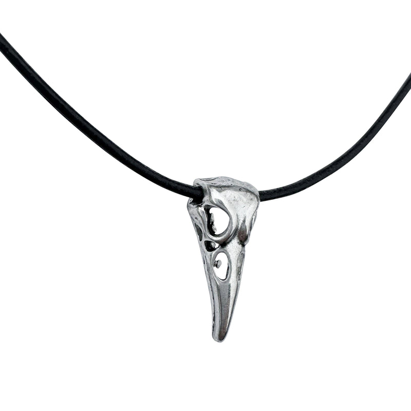 Silver Raven Skull on Fine Black Leather Necklace Cord - 18