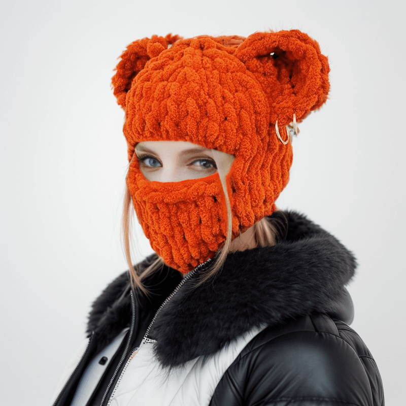 Color Bear Ear Knit Balaclava Hat