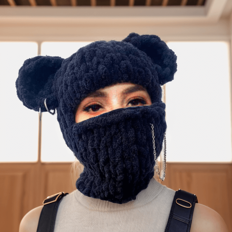 Color Bear Ear Knit Balaclava Hat
