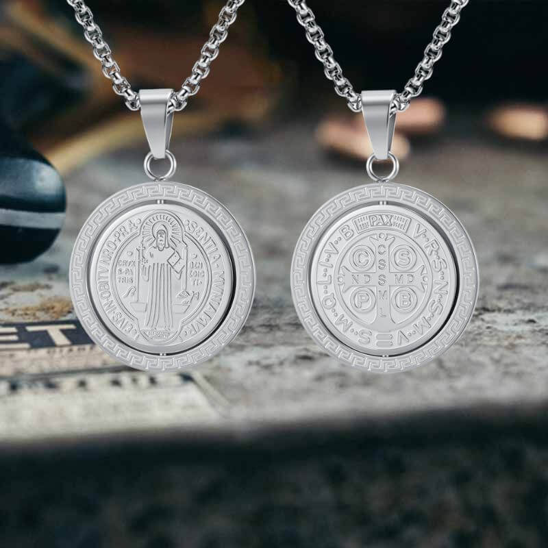 St. Benedict Double-sided Rotating Stainless Steel Amulet Pendant