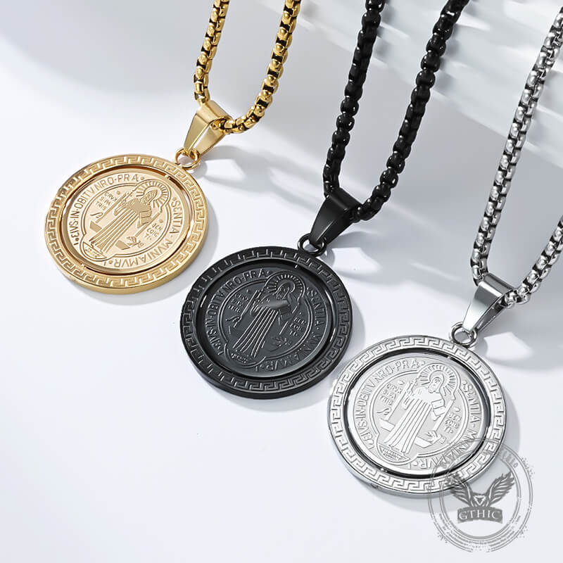 St. Benedict Double-sided Rotating Stainless Steel Amulet Pendant