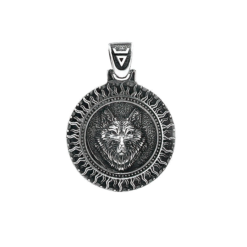 Stainless Steel and Necklace Pendant / Slavic Amulet With Black Sun and Wolf