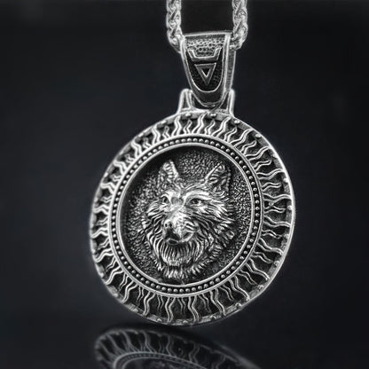 Stainless Steel and Necklace Pendant / Slavic Amulet With Black Sun and Wolf