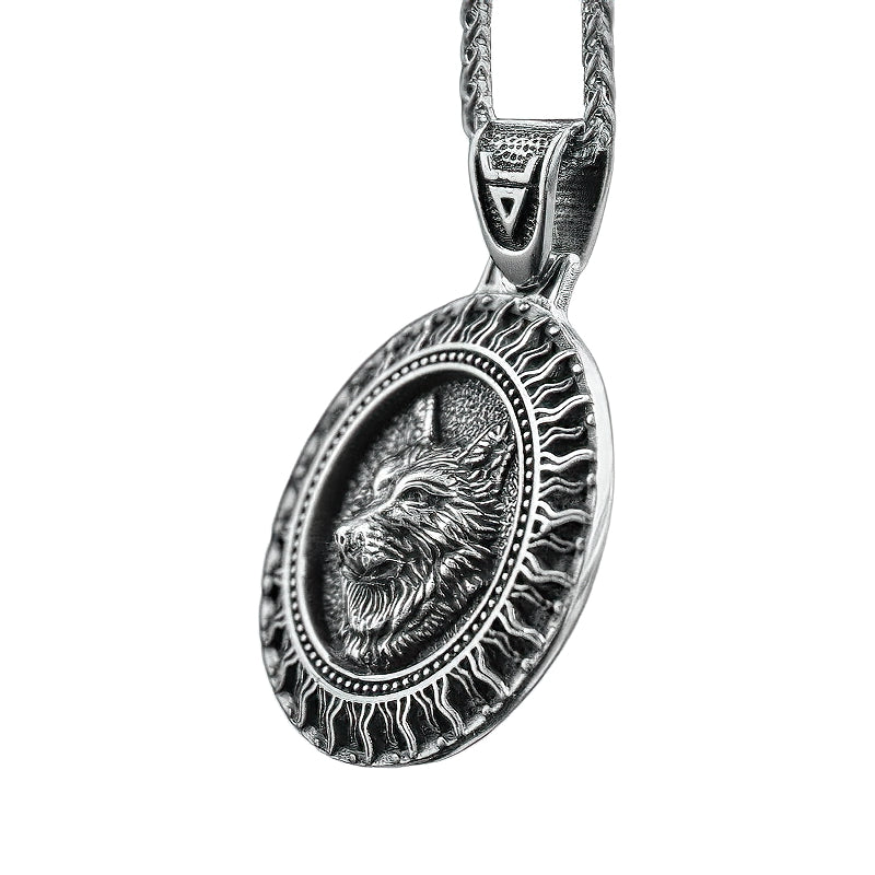 Stainless Steel and Necklace Pendant / Slavic Amulet With Black Sun and Wolf