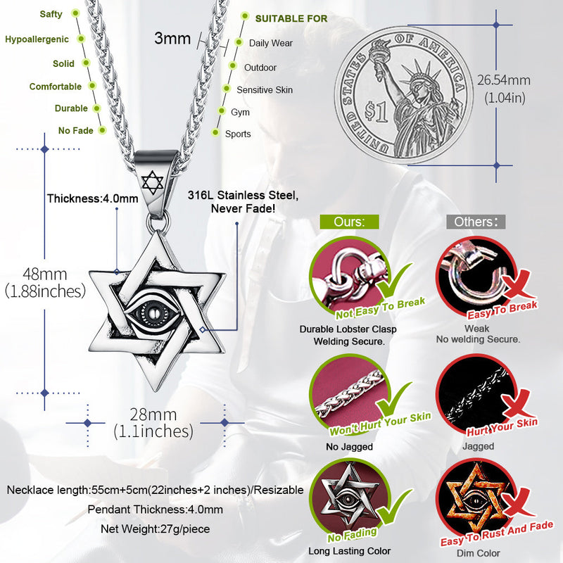 Star of David Necklace Pendant With Eye of God for