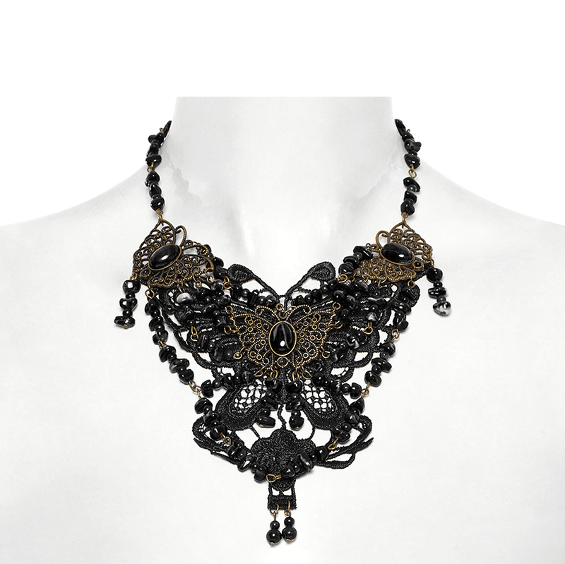 Steampunk Butterfly Necklace With Natural Stones and Lace