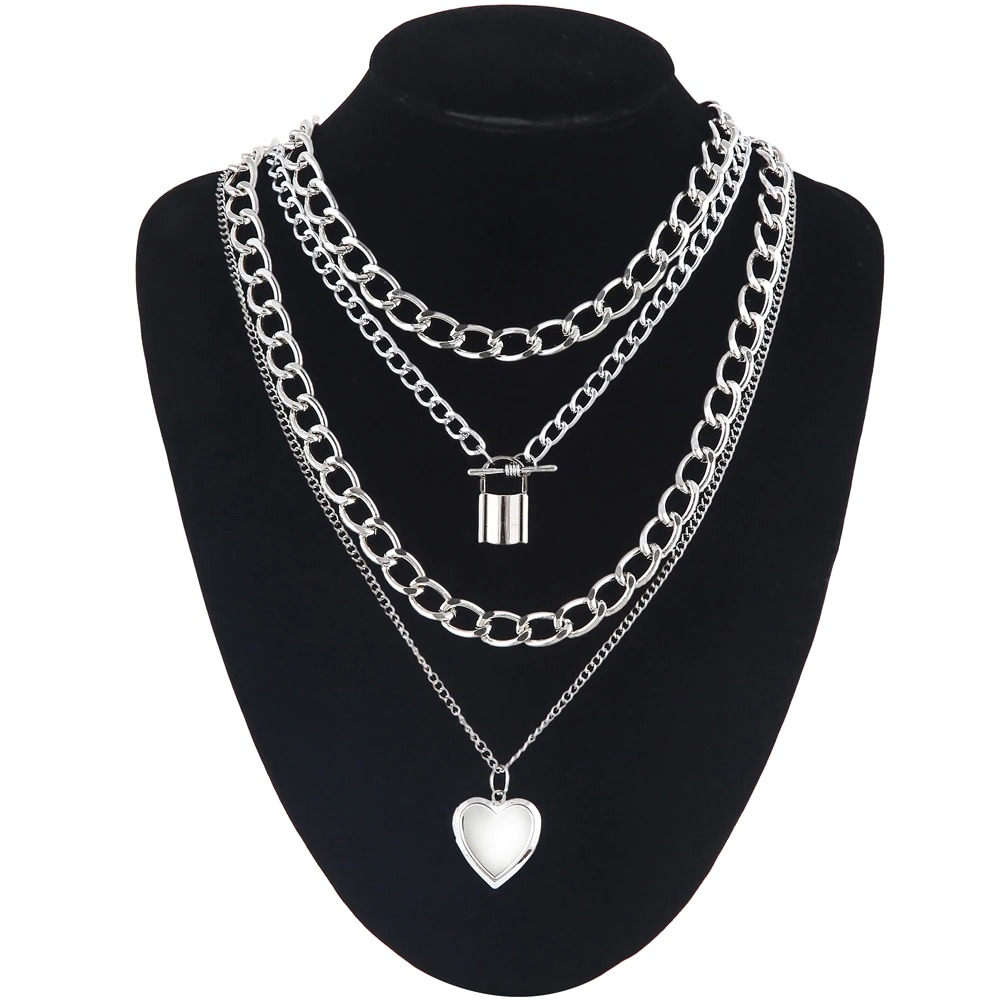 Steampunk Chain Necklace for / Aluminium Pendant With Locked and Heart