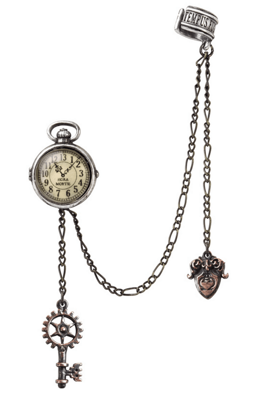 Steampunk Lunar Pocket Watch Ear Cuff With Key and Fob