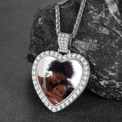 Sterling Silver Personalized Heart Picture Necklace Gift With Cubic Zirconia for