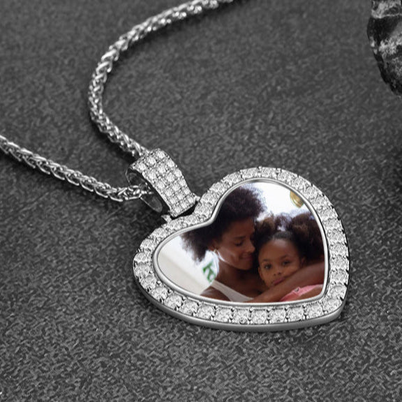 Sterling Silver Personalized Heart Picture Necklace Gift With Cubic Zirconia for