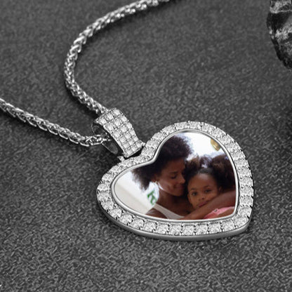 Sterling Silver Personalized Heart Picture Necklace Gift With Cubic Zirconia for