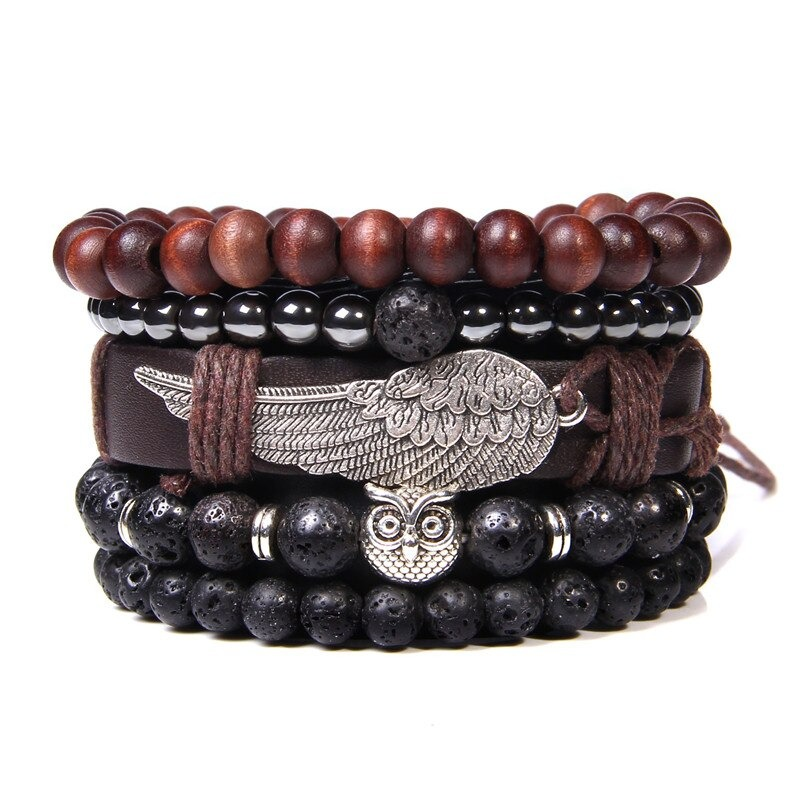 Style Set Multiple Charm Bracelet Natural Stone Beads / Braided Bracelet With a Feather Pendant