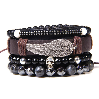 Style Set Multiple Charm Bracelet Natural Stone Beads / Braided Bracelet With a Feather Pendant