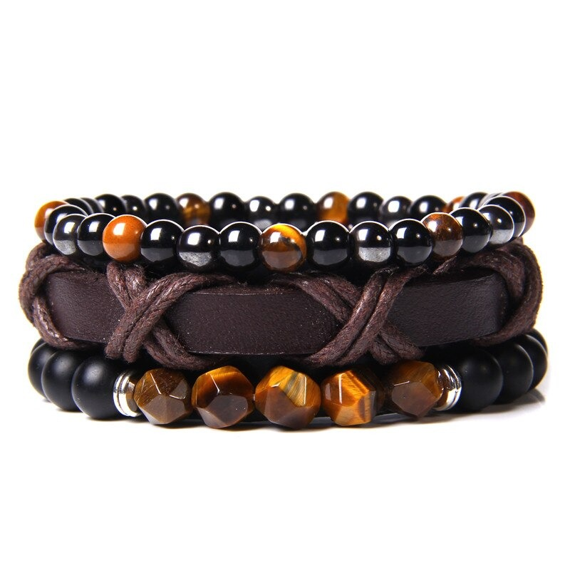 Style Set Multiple Charm Bracelet Natural Stone Beads / Leather Braided Bracelet #2