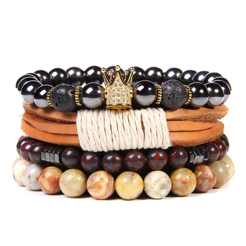 Style Set Multiple Charm Bracelet Natural Stone Beads / Leather Braided Bracelet #4