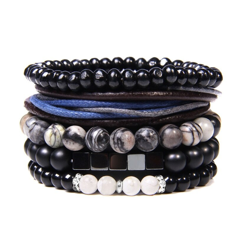 Style Set Multiple Charm Bracelet Natural Stone Beads / Leather Braided Bracelet #5