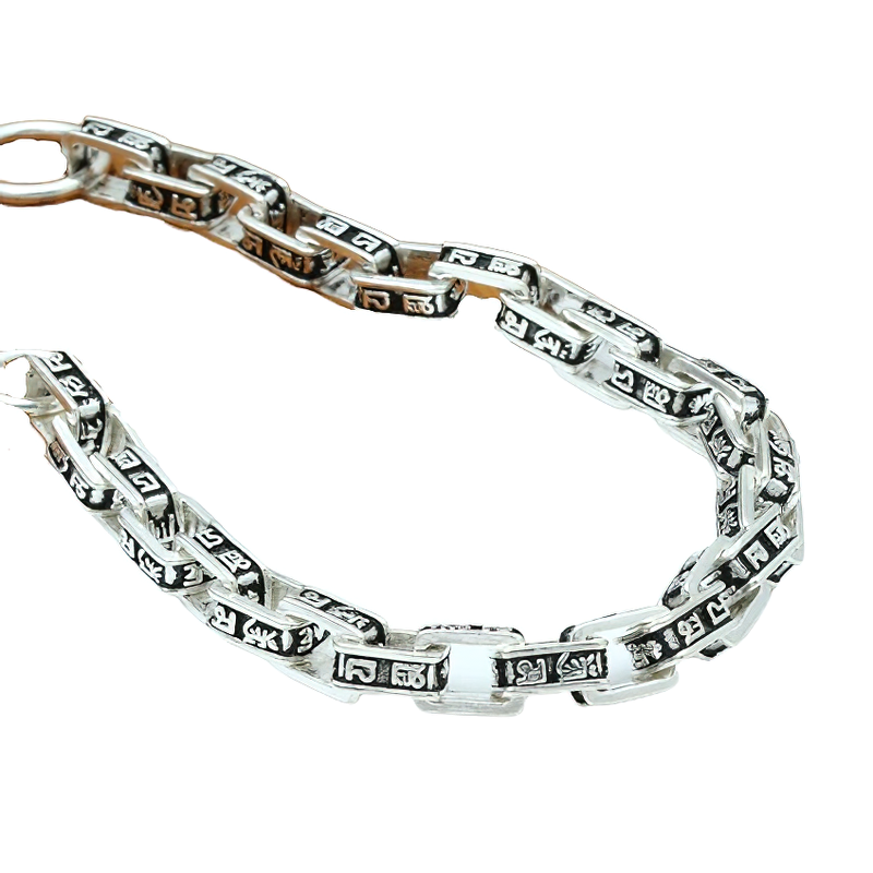 Stylish Bracelet of Carved Mantra Square Link Chain for / Jewelry S925 Sterling Silver