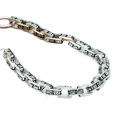 Stylish Bracelet of Carved Mantra Square Link Chain for / Jewelry S925 Sterling Silver