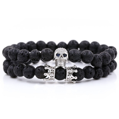 Stylish Bracelet With Skull Head and Crown / Jewelry With Natural Black Stones