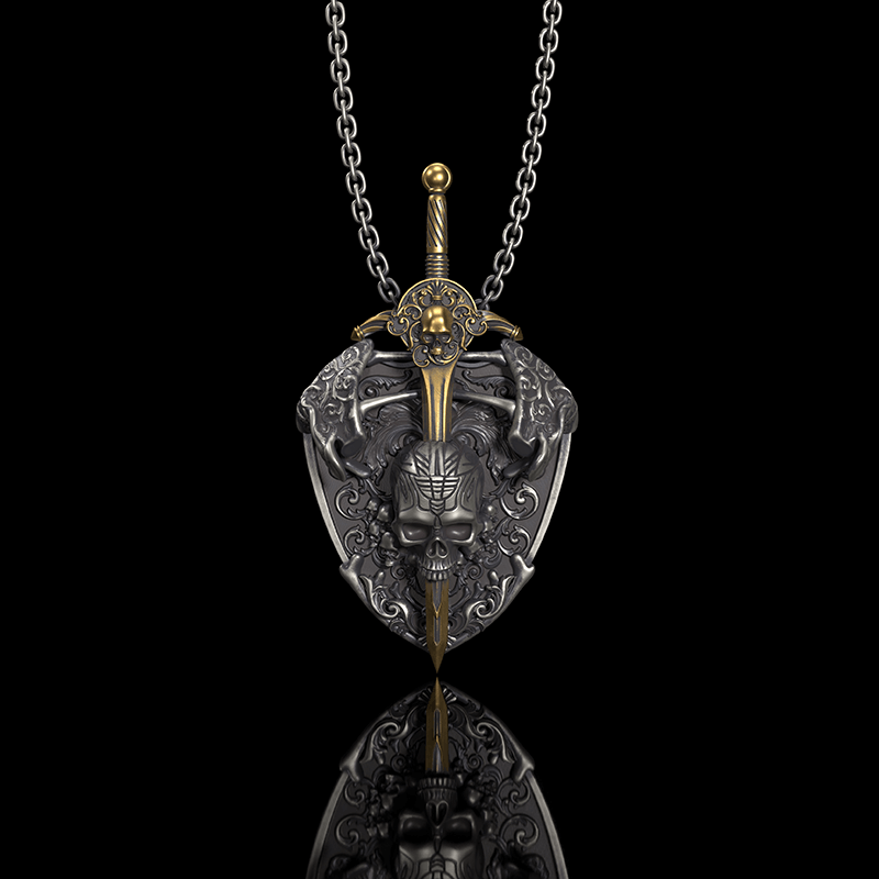 Sword and Shield Sterling Silver Skull Pendant