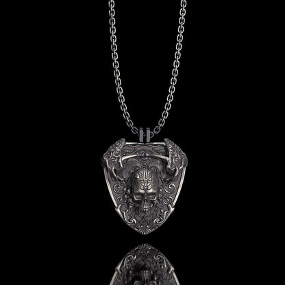 Sword and Shield Sterling Silver Skull Pendant