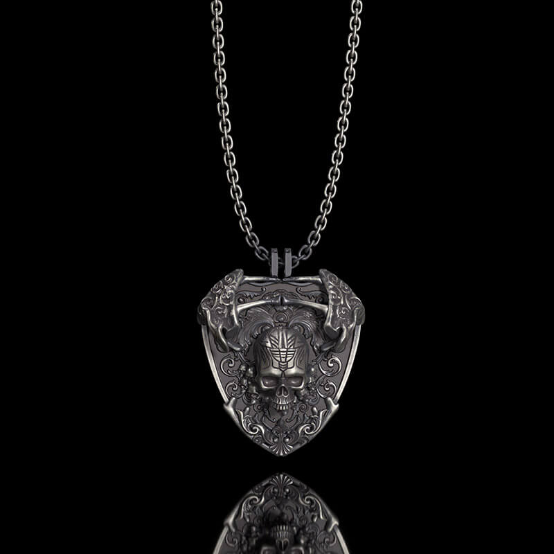 Sword and Shield Sterling Silver Skull Pendant