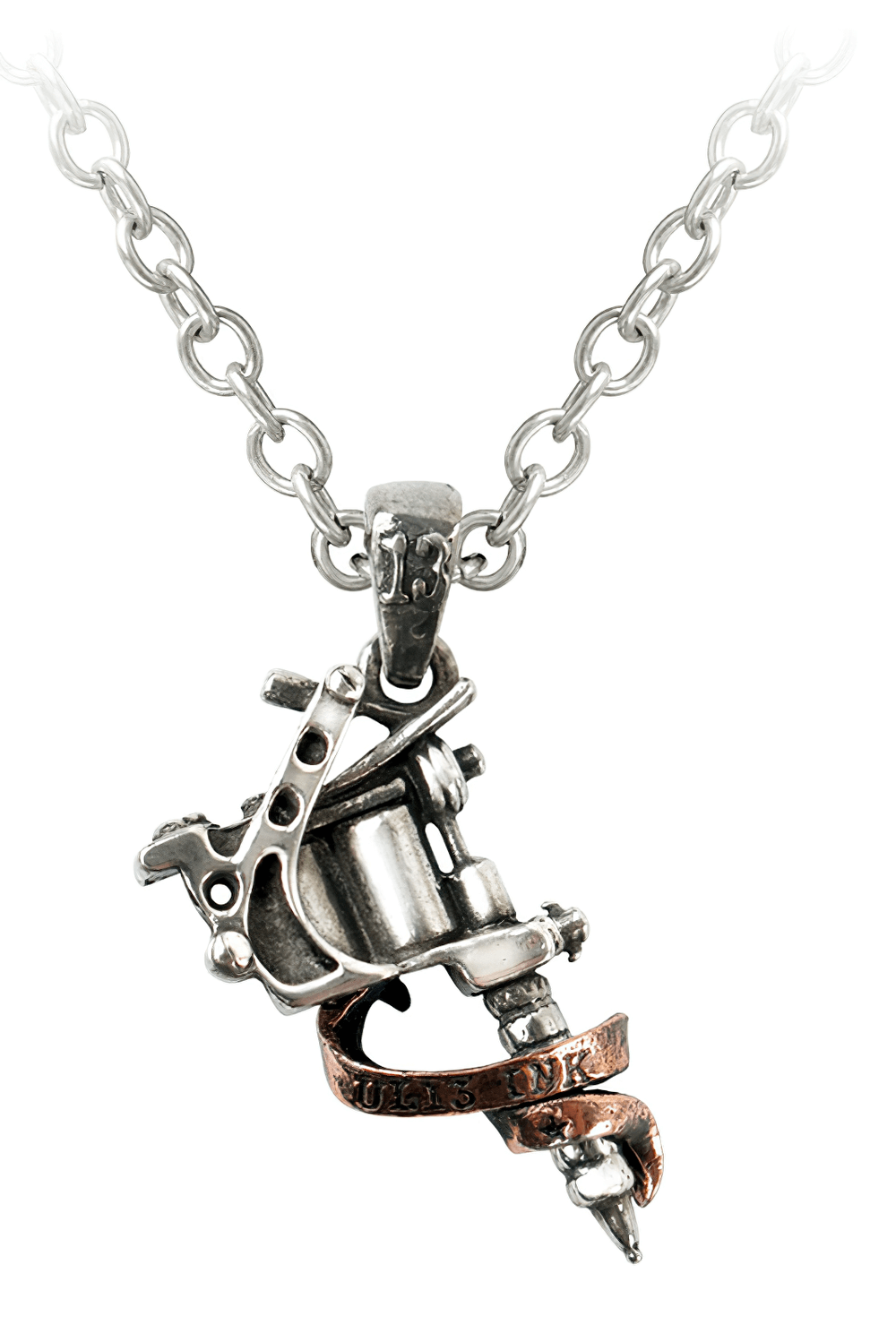 Tattoo Gun Pendant With Copper Scroll and Chain