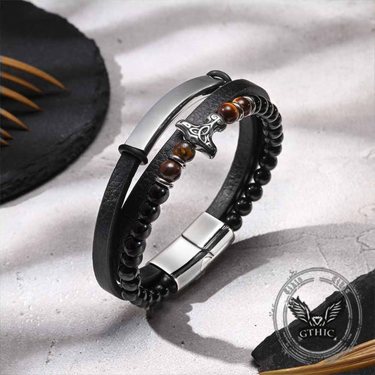 Thor's Hammer Agate Tiger Eye Stainless Steel Bracelet