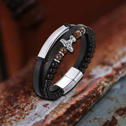 Thor's Hammer Agate Tiger Eye Stainless Steel Bracelet