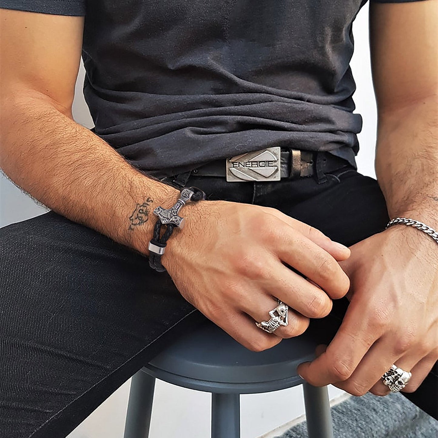 Viking Thor's Hammer Mjolnir Braided Leather Bracelet Gift for