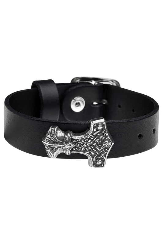 Thor's Mjolnir Viking Hammer Black Leather Wrist Strap