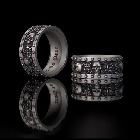 Till Death Do Us Part Skull Rose Sterling Silver Ring