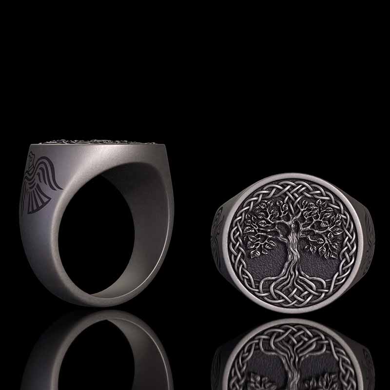 Tree of Life Viking Raven Sterling Silver Ring
