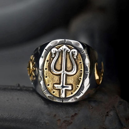 Trident of Poseidon Stainless Steel Petrine Cross Ring