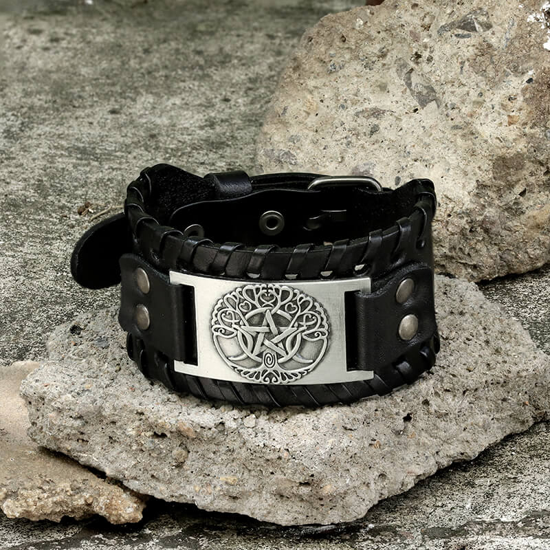 Triple Moon Tree of Life Leather Viking Bracelet