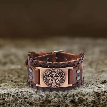 Triple Moon Tree of Life Leather Viking Bracelet