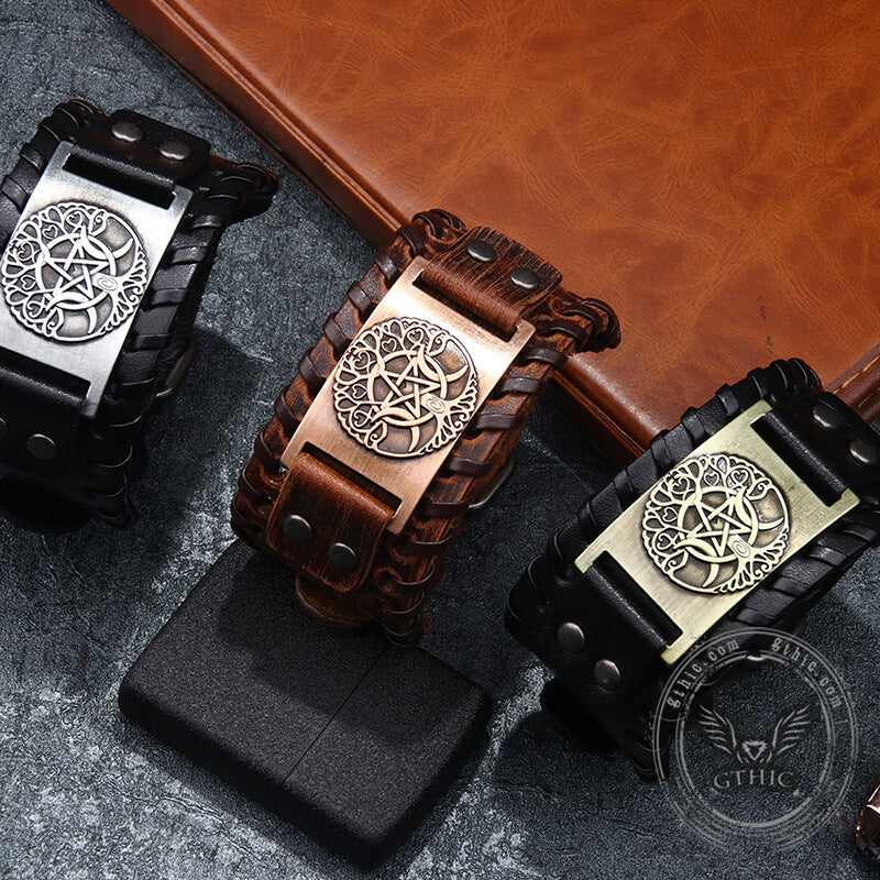 Triple Moon Tree of Life Leather Viking Bracelet