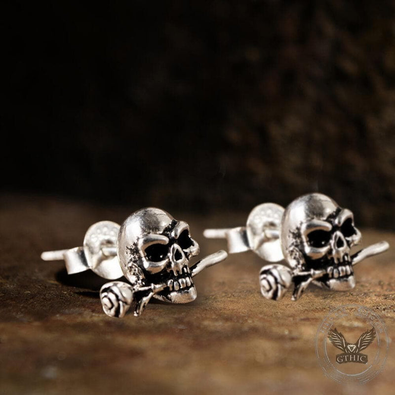 True Love Rose Skull Sterling Silver Earrings