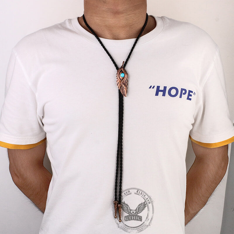 Turquoise-inlaid Feather Alloy Bolo Tie
