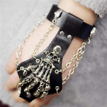 Cool Gothic Skeleton Hand Glove Chain Link Wristband Bangle Leather Bracelet